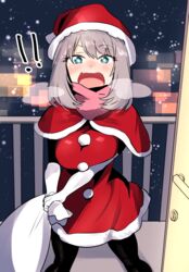  ! !! :d azu_(azu401) bad_id bad_twitter_id black_pantyhose blue_eyes blush breasts capelet christmas female gloves grey_hair hat highres large_breasts looking_at_viewer oerba_yun_fang open_mouth outdoors pantyhose sack santa_costume santa_hat smile snot snowing solo tejina_senpai tejina_senpai_(series) white_gloves 