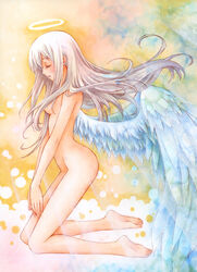  angel angel_wings aoi_yuuka_(ao_no_kokoro) barefoot closed_eyes colored_pencil_(medium) commentary_request completely_nude eyelashes feathered_wings feet female grey_hair halo kneeling large_wings legs long_hair long_legs marker_(medium) nude original pastel_(medium) pink_hair profile solo thighs traditional_halo traditional_media white_hair white_wings wings 