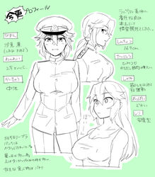  bad_id bad_pixiv_id breasts commentary_request female female_admiral_(kancolle) green_theme ikeshita_moyuko kantai_collection large_breasts long_hair military military_uniform monochrome naval_uniform shiomi_kaoru translation_request uniform 