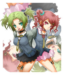  2girls breasts bridal_garter choker commentary_request curly_hair droite_(tales) gauche_(tales) green_eyes green_hair hair_ornament hairclip happy kirita_(noraring) medium_breasts multiple_girls necktie parted_bangs red_eyes red_hair serious short_hair short_twintails siblings sidelocks skirt skull small_breasts tales_of_(series) tales_of_vesperia twins twintails upside-down zoom_layer 