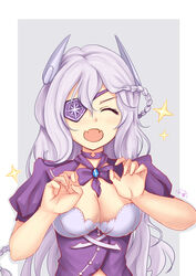  artist_name bad_id bad_pixiv_id blue_background blush bow braid breasts buttons choker cleavage closed_eyes commentary_request eyepatch fangs female french_braid gem hair_between_eyes headgear highres light_purple_hair long_hair medium_breasts open_mouth outside_border paw_pose puffy_short_sleeves puffy_sleeves purple_bow purple_shirt shirt short_sleeves signature sirius_(warship_girls_r) solo star_(symbol) upper_body warship_girls_r zhudacaimiao 