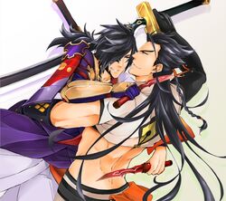  2boys a_gkm black_hair braid brothers commentary_request dagger facial_mark gloves hair_over_one_eye japanese_clothes knife long_hair low_ponytail male_focus multiple_boys orange_eyes rokurou_rangetsu scar shigure_rangetsu siblings sword tales_of_(series) tales_of_berseria teeth topless_male weapon 