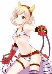  alternate_costume animal_print bad_id bad_pixiv_id belt bikini blonde_hair blush breasts brown_eyes djeeta_(granblue_fantasy) elbow_gloves fake_horns female gauntlets gloves granblue_fantasy hairband horns isao_(wasamoti) looking_at_viewer ogre_(granblue_fantasy) short_hair small_breasts solo swept_bangs swimsuit thigh_strap underboob white_background zebra_print 