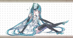  aqua_eyes aqua_hair bad_id bad_pixiv_id dress elbow_gloves female gloves hatsune_miku jewelry long_hair necklace sitting solo thighhighs twintails very_long_hair vocaloid witchonly 