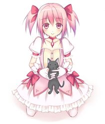  amy_(madoka_magica) bad_id bad_pixiv_id black_cat blush dress feline female gloves kaname_madoka kaname_madoka_(magical_girl) kirifrog mahou_shoujo_madoka_magica mahou_shoujo_madoka_magica_(anime) pink_eyes pink_hair solo twintails 