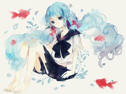  bad_id bad_pixiv_id barefoot bottle_miku bubble commentary female fish goldfish hatsune_miku highres liquid_hair long_hair miyashita_miro nail_polish school_uniform serafuku toenail_polish toenails very_long_hair vocaloid 