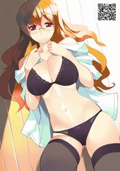  black_thighhighs bra breasts brown_hair cleavage collarbone commentary_request female glasses large_breasts legs lingerie long_hair lying mature_female original panties red_eyes ryuuta_(msxtr) smile solo thighhighs thighs underwear 