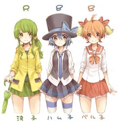  3girls bell bellko_(rbb) blue_thighhighs bow closed_umbrella commentary_request hamko_(rbb) hat highres ketsuko_(rbb) multiple_girls necktie original raincoat rainybluebell rojiko school_uniform sleeves_pushed_up striped_clothes striped_thighhighs thighhighs top_hat umbrella yellow_raincoat zettai_ryouiki 