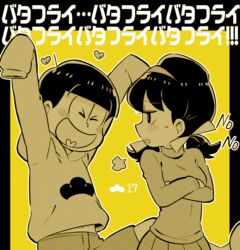  &gt;_&lt; 1boy bad_id bad_twitter_id closed_eyes crossed_arms english_text female hair_ribbon hairband heart heart_in_mouth low_twintails matsuno_jyushimatsu osomatsu-kun osomatsu-san osomatsu_(series) remotarou ribbon short_twintails shorts simple_background six_shame_faces sleeves_past_wrists smile twintails yellow_background yowai_totoko 