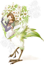  brown_hair commentary_request elbow_gloves elle_(lom) feathered_wings feathers female floral_background flower gloves green_eyes hair_flower hair_ornament legend_of_mana monster_girl seiken_densetsu seqet-aru short_hair simple_background siren_(mythology) solo wings 