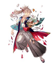  1boy commentary english_commentary fire_emblem fire_emblem_fates fire_emblem_heroes food fruit full_body grey_hair highres injury japanese_clothes kimono leaf long_hair male_focus mochi official_alternate_costume official_art one_eye_closed open_mouth orange_(fruit) orange_eyes ponytail sandals scar scarf solo takumi_(fire_emblem) takumi_(new_year)_(fire_emblem) tobi_(kotetsu) torn_clothes transparent_background wagashi 