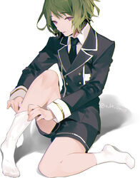  1boy adjusting_sock bad_id bad_pixiv_id black_necktie buttons double-breasted gold_trim green_hair male_focus military military_uniform mouri_toushirou necktie no_shoes purple_eyes shorts simple_background single_horizontal_stripe sitting socks solo touken_ranbu tuke_omio uniform white_socks 