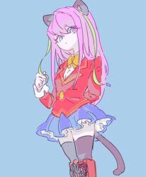  animal_ears arm_behind_back bad_id bad_twitter_id blue_background blue_eyes boots bow cat_ears cat_tail cross-laced_footwear dutch_angle female hashimoto_nyaa knee_boots looking_at_viewer looking_down matsutohop multicolored_hair osomatsu-san osomatsu_(series) pink_hair school_uniform simple_background solo streaked_hair tail thighhighs twirling_hair 