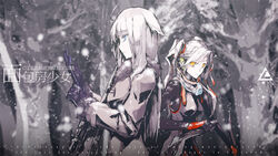  2girls ahoge blue_eyes bodysuit coat codename:_bakery_girl commentary_request dual_wielding fur_trim gun headphones highres holding jefuty_(bakery_girl) knife kukri long_hair lowlight_kirilenko multiple_girls noel_(bakery_girl) pale_skin photoshop_(medium) reverse_grip ribbon rifle scarf snow snowing toggles twintails weapon white_hair winter yellow_eyes 