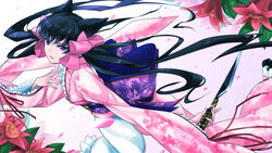  animal_ears black_hair bow commentary_request female flower highres japanese_clothes kimono knife long_hair nana_g otome_youkai_zakuro petals photoshop_(medium) pink_bow pink_kimono purple_eyes solo twintails zakuro_(otome_youkai_zakuro) 