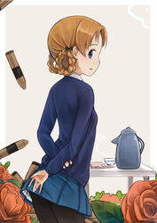  arms_behind_back back bad_id bad_pixiv_id black_pantyhose blue_eyes blue_skirt blush braid crayon cup female flower from_behind girls_und_panzer long_sleeves looking_at_viewer looking_back miniskirt necktie orange_hair orange_pekoe_(girls_und_panzer) pantyhose pleated_skirt school_uniform shirt short_hair skirt smile solo st._gloriana&#039;s_school_uniform standing sweater table tank_shell teacup teapot tied_hair twin_braids umasanjin white_shirt 