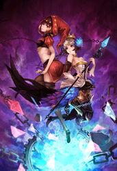  2girls armor armored_dress bare_shoulders blonde_hair blue_eyes chains choker commentary_request crown dress fenrir_(buzhidaoshishuei) flying grey_hair gwendolyn_(odin_sphere) hair_ornament hood midriff multiple_girls odin_sphere photoshop_(medium) polearm purple_background purple_eyes spear striped_clothes striped_thighhighs thighhighs valkyrie velvet_(odin_sphere) vertical-striped_clothes vertical-striped_thighhighs weapon wings 