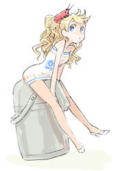  blonde_hair blue_eyes crustacean female high_heels mokeo nissin_cup_noodle original personification shoes solo water_boiler 