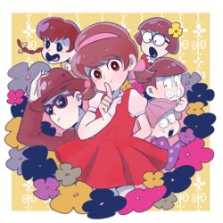  3boys 3girls amazou arm_behind_back bowl_cut braid brown_eyes character_request chikako_(akko-chan) dress fedora finger_to_mouth flower formal glasses hair_flower hair_ornament hair_ribbon hairband hat highres himitsu_no_akko-chan index_finger_raised kagami_atsuko multiple_boys multiple_girls naniwa_kankichi naniwa_moko open_mouth protected_link puffy_short_sleeves puffy_sleeves ribbon short_sleeves short_twintails smile suit sunglasses twin_braids twintails unohana_ganmo yellow_background 