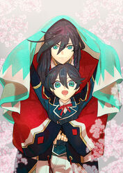  2boys bad_id bad_pixiv_id black_hair blue_eyes brown_hair green_eyes hands_up haori horikawa_kunihiro izumi-no-kami_kanesada japanese_clothes long_hair male_focus motokio multiple_boys red_ribbon ribbon short_hair smile touken_ranbu 