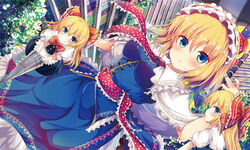  3girls :o alice_margatroid apron arm_up black_dress blonde_hair blue_dress blue_eyes blush bow bowtie breasts capelet commentary_request dress dutch_angle frilled_apron frilled_bow frilled_dress frilled_hairband frills hairband hairbow holding holding_weapon indoors lance lolita_hairband long_hair looking_at_viewer masa_(miyabitei) medium_breasts mini_person minigirl multiple_girls parted_lips polearm polka_dot polka_dot_bow polka_dot_ribbon profile puffy_short_sleeves puffy_sleeves red_bow red_bowtie ribbon sash shanghai_doll short_hair short_sleeves standing tareme touhou v-shaped_eyebrows waist_apron weapon white_apron 