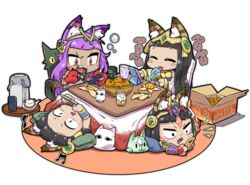  4girls :3 ^^^ animal_ears animal_hands bastet_(p&amp;d) black_hair blush blush_stickers bowl box cardboard_box cat_ears cat_paws cat_tail cellphone chibi circlet closed_eyes commentary_request cup dark-skinned_female dark_skin earrings eating egyptian facial_mark food fruit gekka_no_aibyoushin_bastet green_eyes ice_cream ice_cream_cone jewelry kotatsu licking long_hair lying mandarin_orange medjedra mikan_box multiple_girls multiple_persona musical_note on_back on_stomach open_mouth orange_(fruit) phone purple_hair puzzle_&amp;_dragons red_eyes simple_background smartphone smile stylus sweatdrop table tail teapot tokkyuu_mikan tongue tongue_out under_kotatsu under_the_table water_boiler white_background 