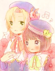  2boys altessimo_(idolmaster) androgynous bad_id bad_pixiv_id beamed_eighth_notes black_hair blonde_hair blue_eyes blush bob_cut commentary_request eighth_note flower green_eyes hat idolmaster idolmaster_side-m inu_(griffone) kagura_rei long_hair male_focus multiple_boys musical_note open_mouth ponytail ribbon smile tsuzuki_kei 