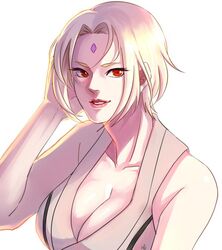  alternate_hairstyle bad_id bad_pixiv_id bare_shoulders blonde_hair breasts cleavage collarbone facial_mark female forehead_mark grey_kimono hand_in_own_hair japanese_clothes kimono large_breasts lips lipstick long_hair looking_at_viewer makeup mature_female may_c naruto naruto_(series) open_mouth red_eyes short_eyebrows short_hair simple_background smile solo tsunade_(naruto) white_background 