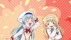  2girls animated animated blonde_hair blue_hair daitoshokan_no_hitsujikai hairband long_hair lowres multiple_girls school_uniform suzuki_kana ureshino_sayumi 