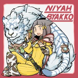  animal animal_ears blue_eyes blunt_bangs bodysuit breasts cat_ears clenched_teeth commentary_request dromarch_(xenoblade) eyebrows female food futaba_no_taiko gloves grey_hair hood long_sleeves looking_at_viewer nia_(xenoblade) ribbon short_hair simple_background small_breasts smile teeth tiger white_gloves white_tiger xenoblade_chronicles_(series) xenoblade_chronicles_2 yellow_bodysuit yellow_eyes 