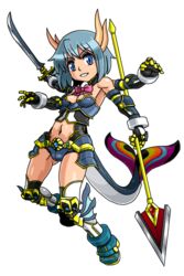  adapted_costume amazing-c armor blue_eyes blue_hair commentary_request dual_wielding extra_arms female fins fish_tail gauntlets greaves grin holding horns mahou_shoujo_madoka_magica mahou_shoujo_madoka_magica_(anime) midriff miki_sayaka miki_sayaka_(magical_girl) navel oktavia_von_seckendorff polearm short_hair simple_background smile solo spear sword tail weapon white_background 