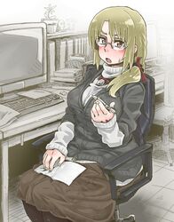  aged_up annoyed bespectacled black_pantyhose blonde_hair blush cardigan chair commentary_request computer female freckles glasses hair_ribbon idolmaster idolmaster_dearly_stars long_skirt office_chair pantyhose paper pen ponytail red_eyes ribbon sitting skirt solo suzuki_ayane sweat sweater swivel_chair tobatoinu 