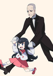  1boy 71_(nanaichi_drafting) aged_down black_hair blue_eyes commentary_request female gloves grey_hair holding_hands kill_la_kill kiryuuin_satsuki lolicon long_hair old old_man photoshop_(medium) running smile soroi_mitsuzou tuxedo 