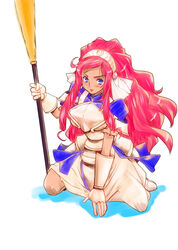  armor armored_dress blue_eyes commentary_request dokidoki!_precure dress female full_body gloves hairband kneeling long_hair marie_ange photoshop_(medium) pink_hair precure serious solo weapon white_background yuusei_honpo 