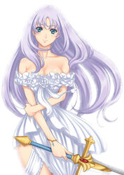  annelotte_(queen&#039;s_blade) bare_shoulders blue_eyes bracelet breasts cleavage dress eiwa female frilled_dress frills jewelry knight_princess_annelotte large_breasts long_hair purple_hair queen&#039;s_blade queen&#039;s_blade_rebellion simple_background sleeveless sleeveless_dress smile solo sword thighs weapon white_background white_dress 