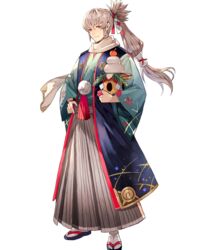  1boy commentary english_commentary fire_emblem fire_emblem_fates fire_emblem_heroes food full_body grey_hair highres japanese_clothes kimono leaf long_hair male_focus mochi official_alternate_costume official_art orange_eyes ponytail sandals scarf solo tachi-e takumi_(fire_emblem) takumi_(new_year)_(fire_emblem) tobi_(kotetsu) transparent_background wagashi 