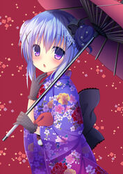  blue_eyes blue_hair blush female gochuumon_wa_usagi_desuka? kafuu_chino kimono long_hair new_year parasol 