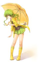  boots commentary_request female full_body green_eyes green_hair green_skirt hair_ornament hair_scrunchie highres holding holding_umbrella ketsuko_(rbb) long_hair long_sleeves looking_at_viewer looking_to_the_side original pleated_skirt ponytail raincoat rainybluebell rojiko rubber_boots scrunchie shiny_skin sidelocks skirt sleeves_rolled_up solo standing teruterubouzu umbrella yellow_footwear yellow_raincoat yellow_scrunchie yellow_umbrella 