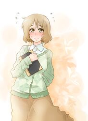  blush brown_eyes brown_hair brown_skirt commentary_request female floral_background highres nichijou sakurai_izumi shirt short_hair skirt smile solo sweat sweater tobatoinu 