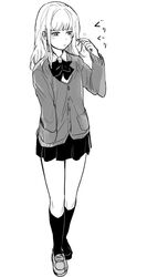  azu_(azu401) bad_id bad_twitter_id blush female full_body greyscale hand_in_pocket highres kneehighs long_hair monochrome original pleated_skirt school_uniform simple_background skirt socks solo white_background 