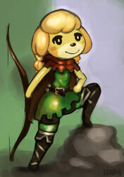  alternate_hairstyle animal_crossing animal_ears belt blonde_hair blush_stickers boots bow_(weapon) braid cape cosplay dog_ears dog_girl dragon&#039;s_crown elf_(dragon&#039;s_crown) elf_(dragon&#039;s_crown)_(cosplay) female furry furry_female isabelle_(animal_crossing) leg_up photoshop_(medium) rock smile solo thigh_boots thighhighs tunic twin_braids weapon xdraws 