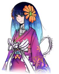  aqua_eyes blue_hair blunt_bangs bow chiyo_(fragile) female flower fragile:_sayonara_tsuki_no_haikyo hair_flower hair_ornament highres japanese_clothes kekekeke kimono long_hair obi sash smile solo 