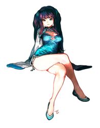  absurdres aqua_eyes bad_id bad_pixiv_id bare_legs breasts crossed_legs dicorndl female frown highres long_hair looking_at_viewer medium_breasts original simple_background sitting sleeves_past_wrists solo twintails white_background 