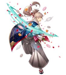  1boy commentary english_commentary fire_emblem fire_emblem_fates fire_emblem_heroes food fruit full_body grey_hair highres japanese_clothes kimono leaf long_hair male_focus mochi official_alternate_costume official_art open_mouth orange_(fruit) orange_eyes ponytail sandals scarf solo takumi_(fire_emblem) takumi_(new_year)_(fire_emblem) tobi_(kotetsu) transparent_background wagashi 