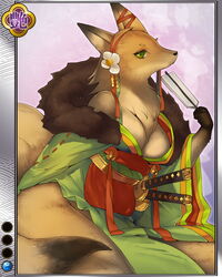  breasts character_request cleavage female furry furry_female game_cg green_eyes holding katana large_breasts long_sleeves official_art okabe_masatsuna original sengoku_bushouki_muramasa solo swimsuit sword translation_request weapon zhuzi 