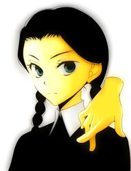  addams_family animification black_hair braid commentary_request female green_eyes hands otoyuki simple_background thing_(addams_family) twin_braids wednesday_addams 