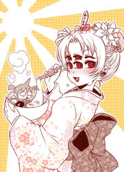  bad_id bad_pixiv_id blush bow bowl braid chopsticks earrings extra_eyes fair-chan female flower food food-themed_earrings fruit glasses hair_flower hair_ornament hair_up hairbow in_bowl in_container in_food japanese_clothes jewelry kimono looking_back mochi monster_girl obi one_eye_closed original partially_colored pineapple pineapple_earrings popsicle_stick red_eyes rising_sun_flag sash short_hair smile solo steam sugiya_manao sunburst sunburst_background wagashi 