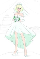  1boy androgynous blonde_hair blush bob_cut bouquet bride choker crossdressing edit femboy flowers garter girly green_hair heels high_heels lio_fotia male male_bride male_only promare purple_eyes sealguy solo third-party_edit trap trap_bride wedding wedding_dress wedding_veil 