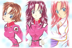  3girls belt blue_eyes brown_hair flay_allster grey_eyes gundam gundam_seed hair_ornament hairclip hands_on_own_hips lacus_clyne leaning_forward lineup long_hair military military_uniform miriallia_haw multiple_girls pink_hair purple_eyes red_hair short_hair uniform very_long_hair 