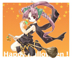  bad_id bad_pixiv_id broom broom_riding double_scoop female food halloween happy_halloween ice_cream long_hair orange_background original purple_eyes purple_hair shorts solo takamura_masaya twintails 